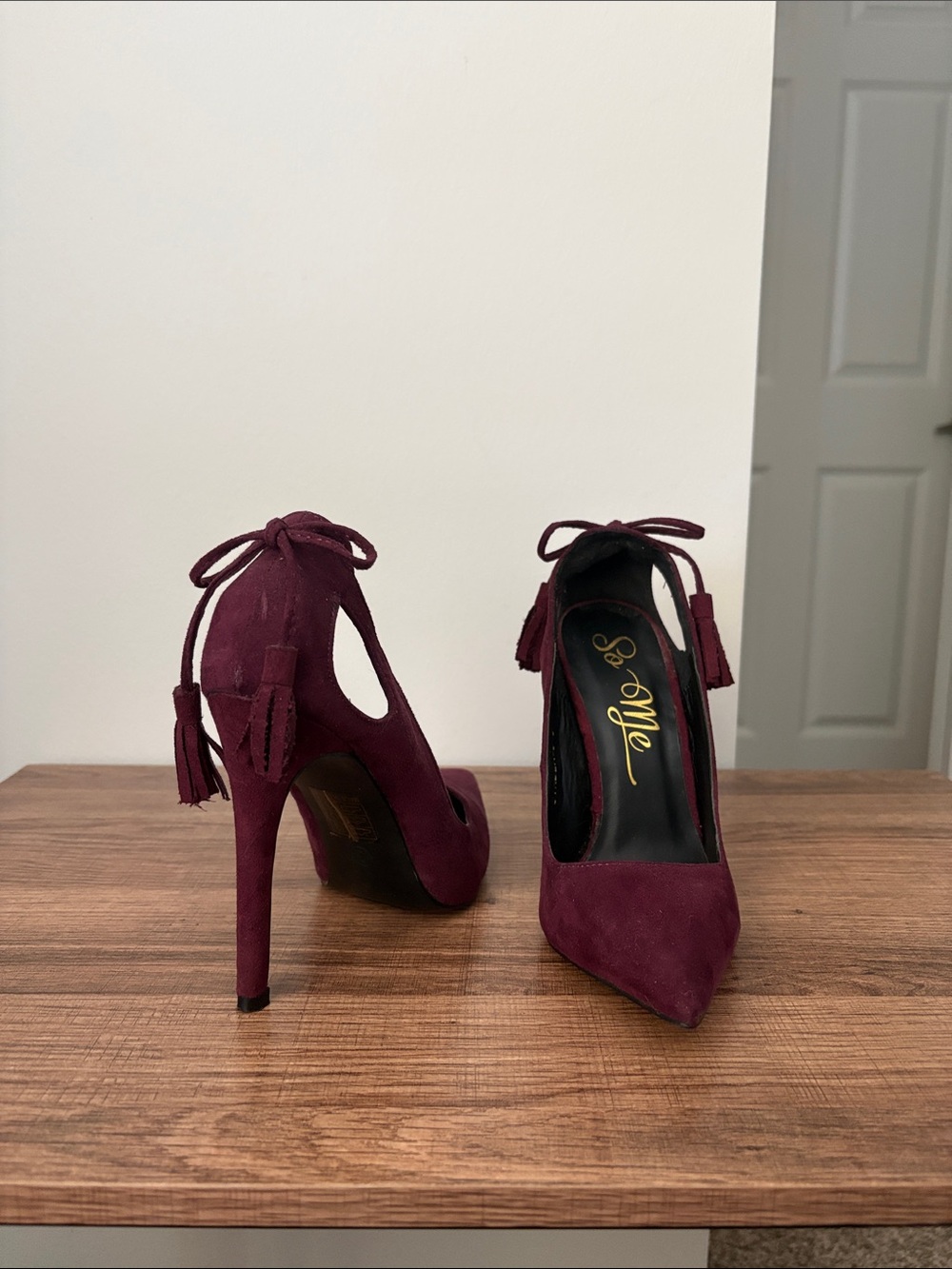 So Me Wine Suede Pointed Toe Stiletto Heels with Back Tassel Tie